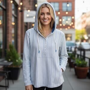 L.L. Bean Stripe Coastal Blue & White Linen Blend Tunic With Hood Women’s Sz M